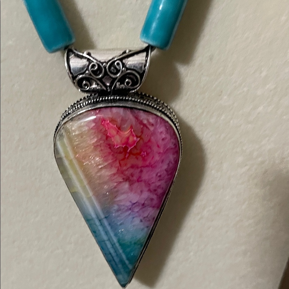 Artisan Turquoise and Silver Glass and Stone Pendant Necklace - Picture 4 of 11
